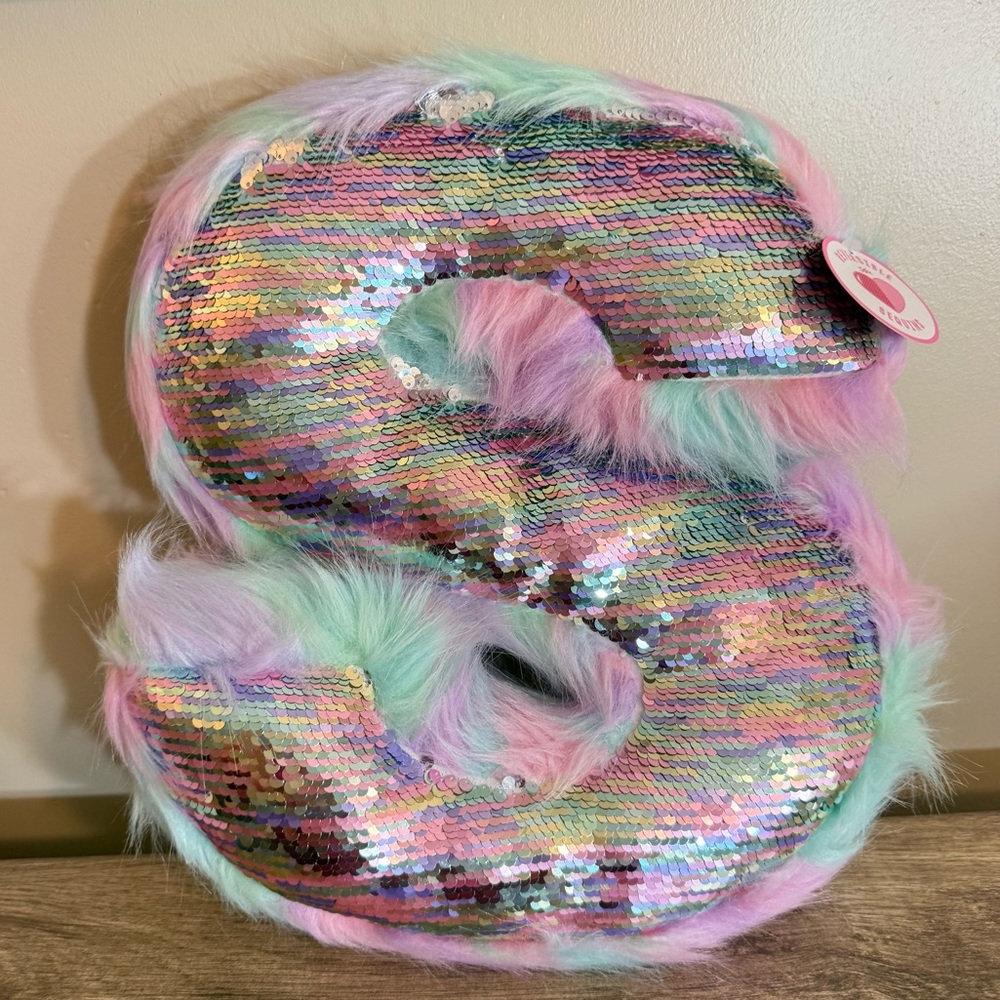 NEW Justice Reversible Sequins S Initial Accent Pillow Faux Fur Pastel Multi